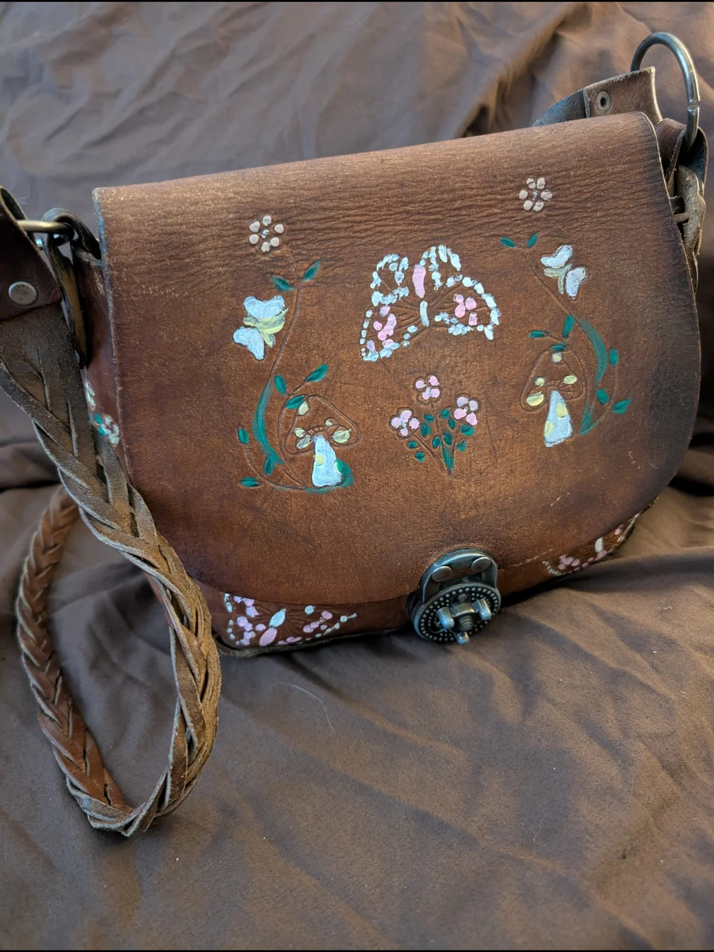 Vintage 1970s Brown Floral Hand-Painted Leather Bag